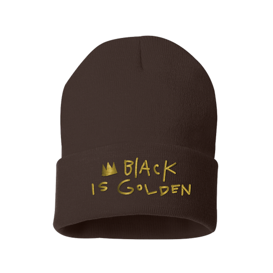 Black Is Golden gold album logo brown beanie front Wyn Starks