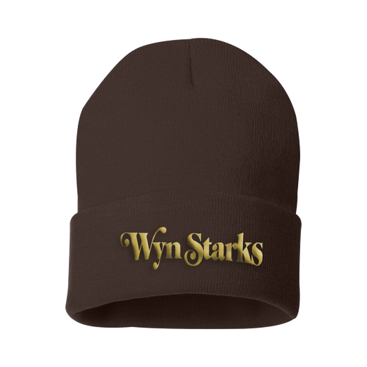 Name gold logo brown beanie back Wyn Starks